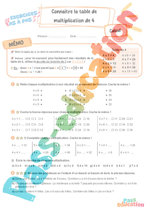 Leçon, exercice et évaluation :<br/> Connaître la table de multiplication par 4 : CE2