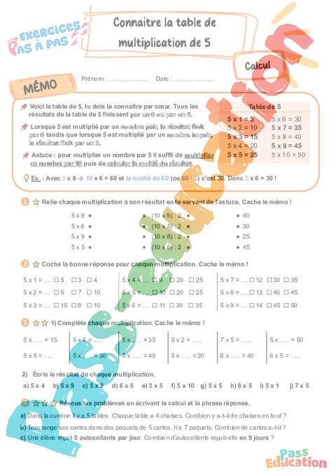Leçon, exercice et évaluation :<br/> Connaître la table de multiplication par 5 : CE2