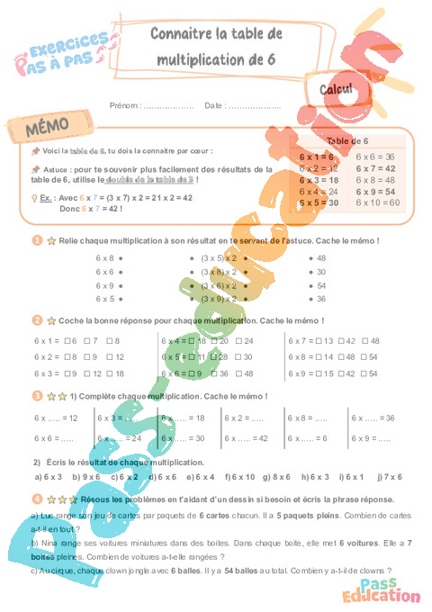 Leçon, exercice et évaluation :<br/> Connaître la table de multiplication par 6 : CE2