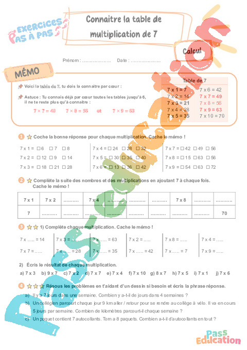 Leçon, exercice et évaluation :<br/> Connaître la table de multiplication par 7 : CE2