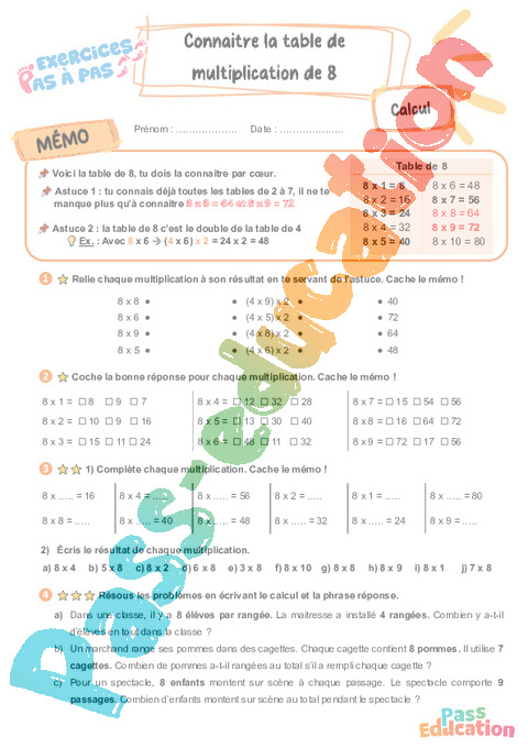 Leçon, exercice et évaluation :<br/> Connaître la table de multiplication par 8 : CE2
