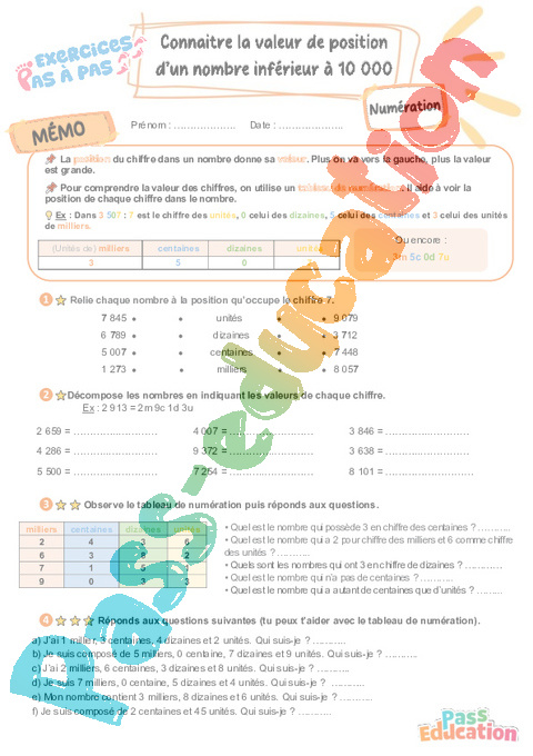 Leçon, exercice et évaluation :<br/> Connaitre la valeur de position d’un nombre inférieur à 10 000 : CE2