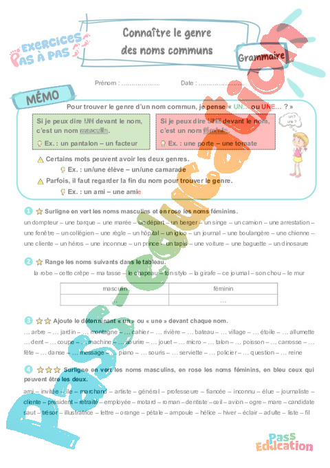 Leçon, exercice et évaluation :<br/> Connaître le genre des noms communs : CE2