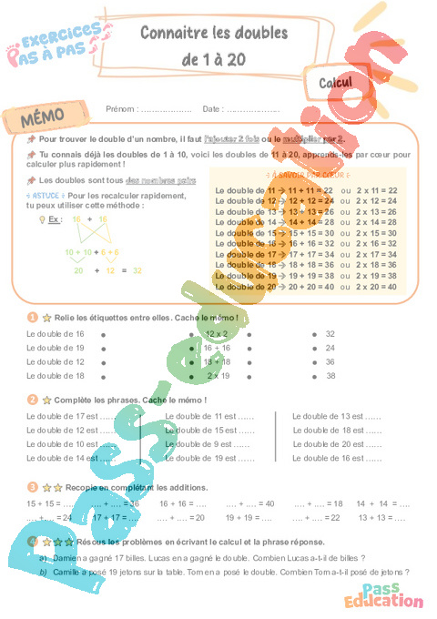 Leçon, exercice et évaluation :<br/> Connaître les doubles de 1 à 20 : CE2