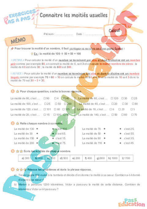 Leçon, exercice et évaluation :<br/> Connaître les moitiés usuelles : CE2
