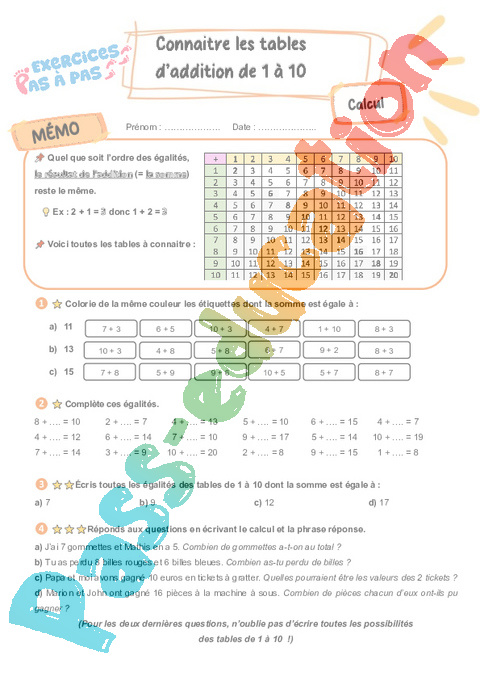 Leçon, exercice et évaluation :<br/> Connaître les tables d’addition de 1 à 10 : CE2