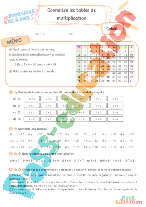 Leçon, exercice et évaluation :<br/> Connaître les tables de multiplication : CE2