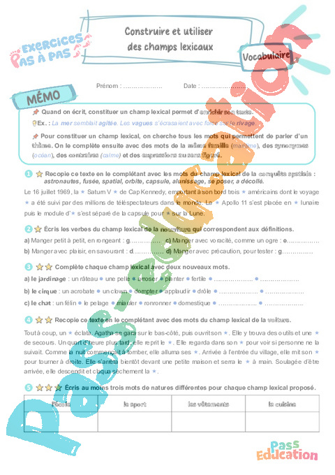 Leçon, exercice et évaluation :<br/> Construire et utiliser des champs lexicaux : CM2