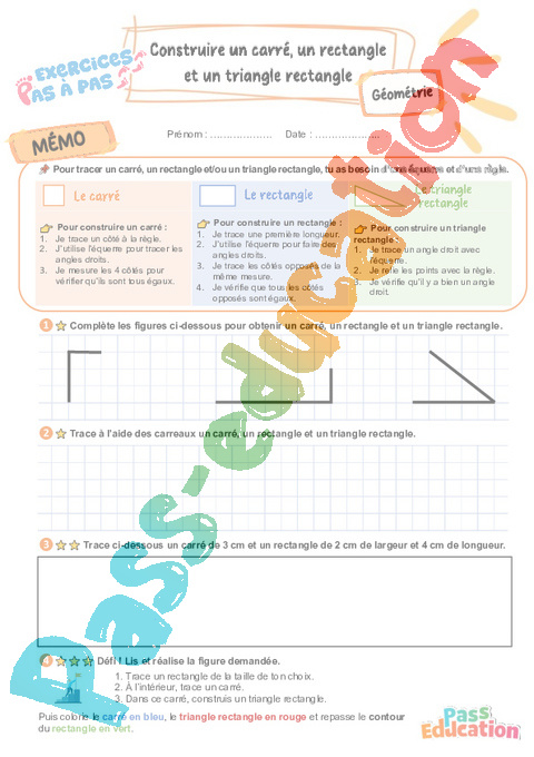 Leçon, exercice et évaluation :<br/> Construire un carré, un rectangle et un triangle rectangle : CE2