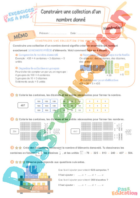 Leçon, exercice et évaluation :<br/> Construire une collection d’un nombre donné (inférieur à 1000) : CE2