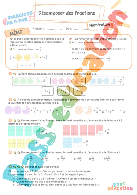 Leçon, exercice et évaluation :<br/> Décomposer des fractions : CM2