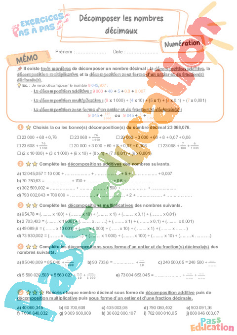 Leçon, exercice et évaluation :<br/> Décomposer des Nb décimaux : CM2