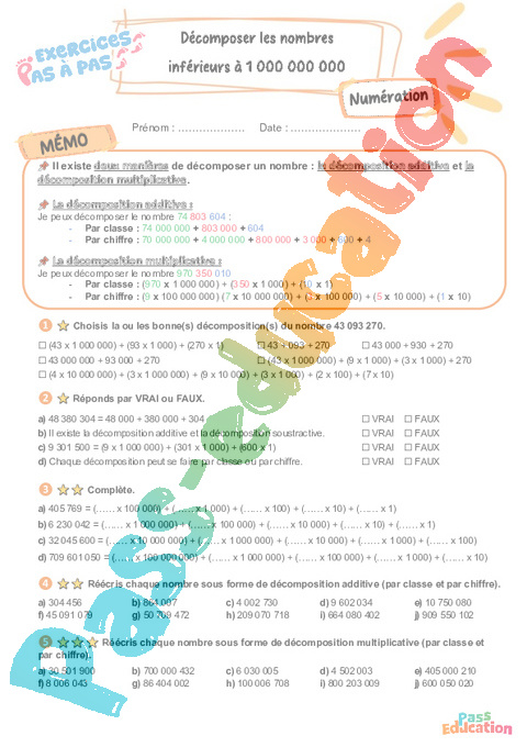 Leçon, exercice et évaluation :<br/> Décomposer les nombres inférieurs à 1 000 000 000 : CM2