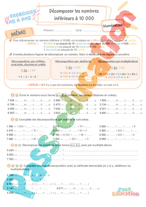 Leçon, exercice et évaluation :<br/> Décomposer les nombres inférieurs à 10 000 : CE2