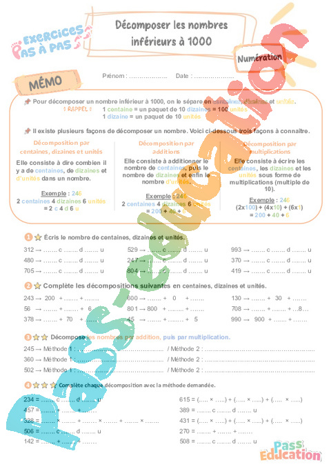 Leçon, exercice et évaluation :<br/> Décomposer les nombres inférieurs à 1000 : CE2