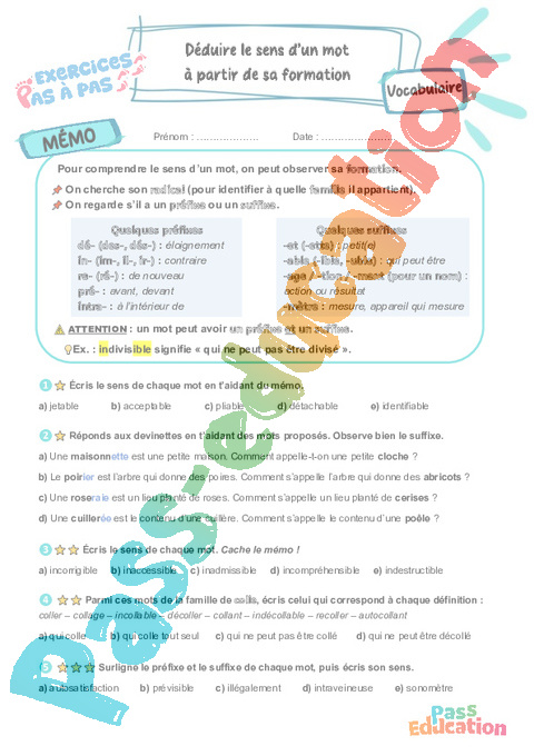 Leçon, exercice et évaluation :<br/> Déduire le sens d’un mot à partir de sa formation : CM2