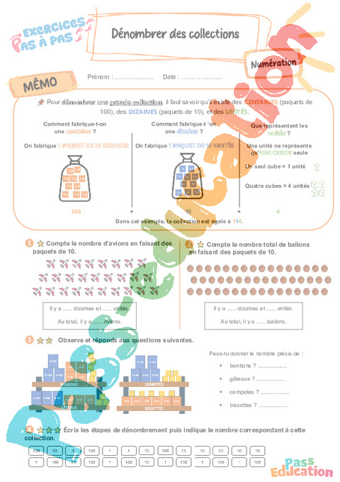 Leçon, exercice et évaluation :<br/> Dénombrer des collections (inférieur à 1000) : CE2