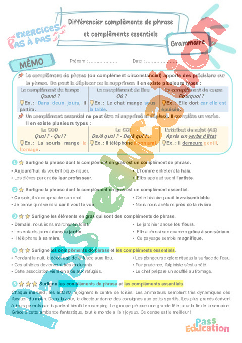 Leçon, exercice et évaluation :<br/> Différencier complément de phrase et complément essentiel : CM2