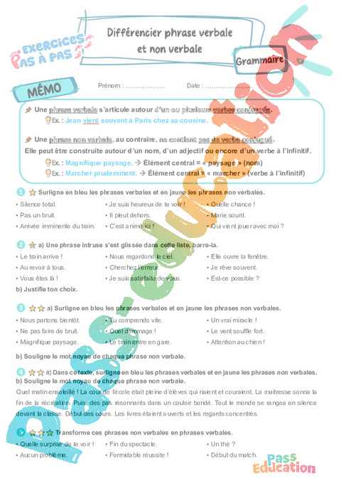 Leçon, exercice et évaluation :<br/> Différencier phrase verbale et non verbale : CM2