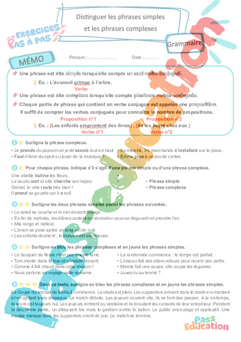 Leçon, exercice et évaluation :<br/> Distinguer les phrases simples et les phrases complexes : CM1