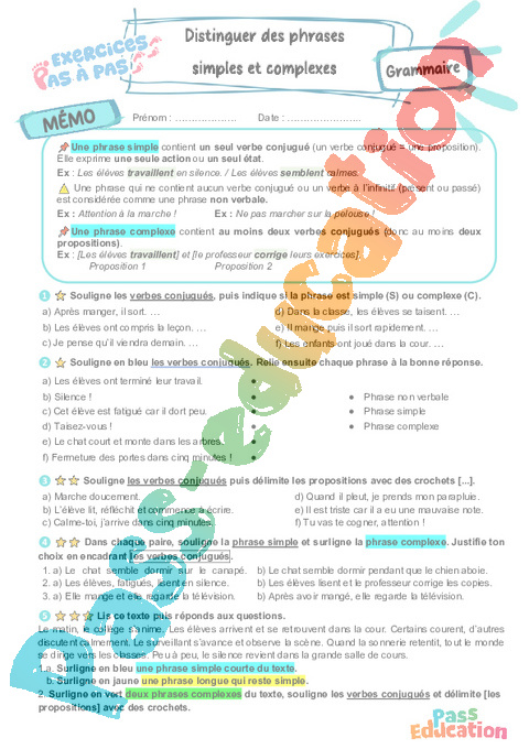 Cours et exercice : Distinguer phrase simple et phrase complexe : 6ème
