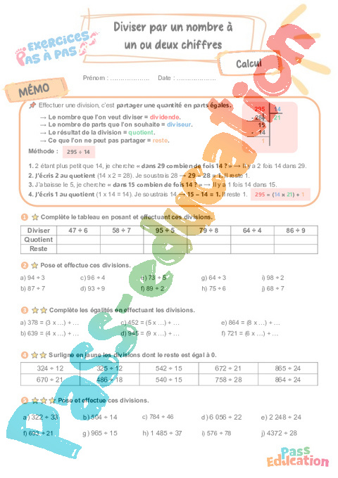 Leçon, exercice et évaluation :<br/> Division, partage : CM2