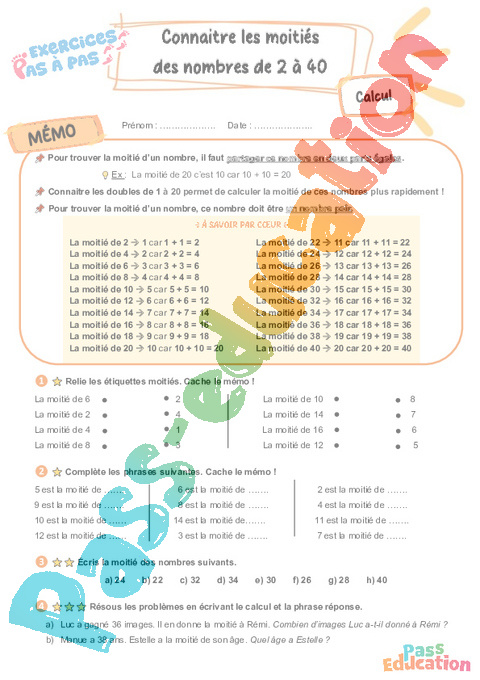 Leçon, exercice et évaluation :<br/> Doubles et moitiés : CE2