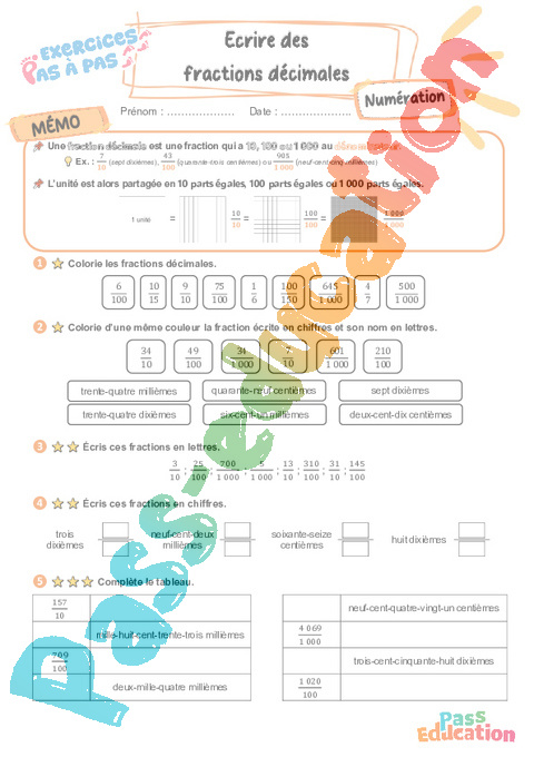 Leçon, exercice et évaluation :<br/> Écrire des fractions décimales : CM2