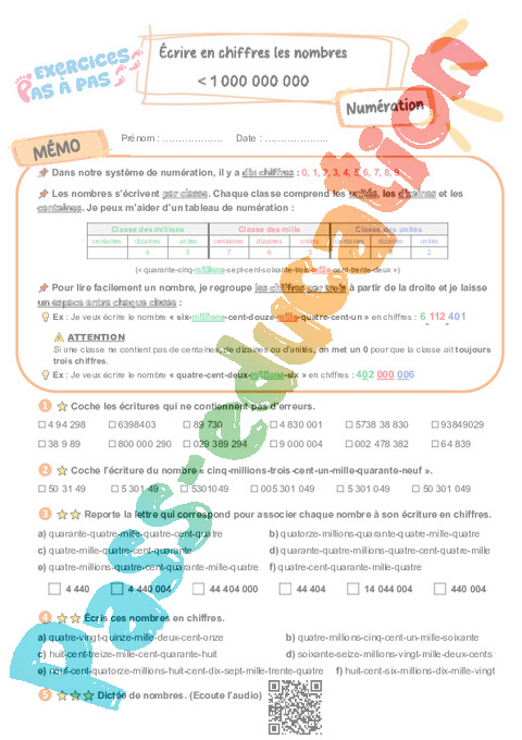 Leçon, exercice et évaluation :<br/> Écrire en chiffres les nombres inférieur à 1 000 000 000 : CM2