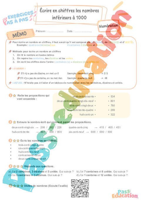 Leçon, exercice et évaluation :<br/> Écrire en chiffres les nombres inférieurs à 1 000 : CE2