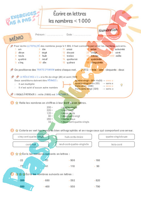 Leçon, exercice et évaluation :<br/> Écrire en lettres les nombres inférieurs à 1 000 : CE2