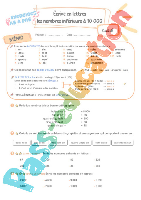 Leçon, exercice et évaluation :<br/> Écrire en lettres les nombres inférieurs à 10000 : CE2