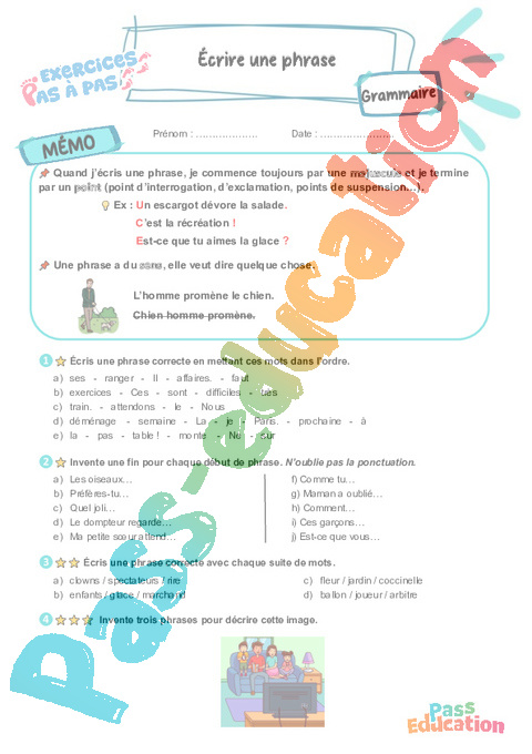 Leçon, exercice et évaluation :<br/> Écrire une phrase : CE2