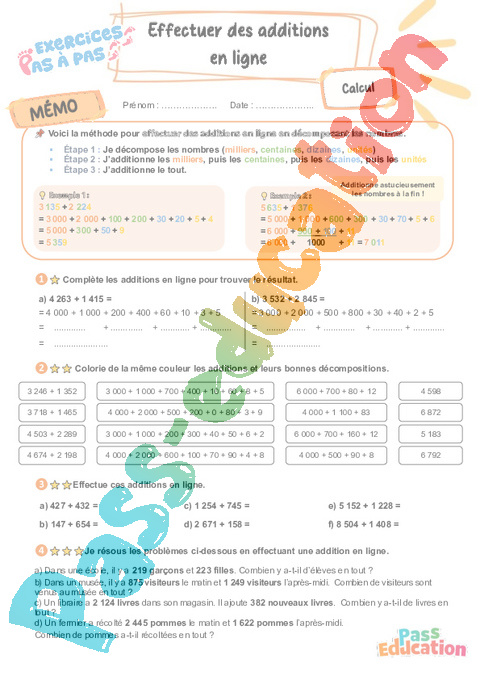 Leçon, exercice et évaluation :<br/> Effectuer des additions en ligne : CE2