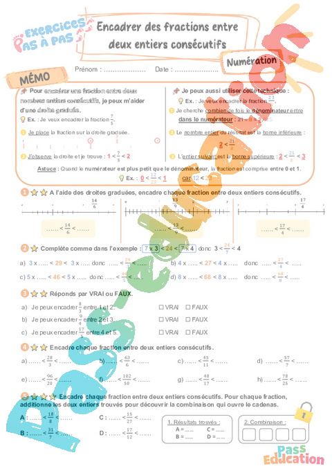 Leçon, exercice et évaluation :<br/> Encadrer des fractions entre deux entiers consécutifs : CM2