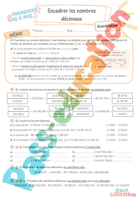 Leçon, exercice et évaluation :<br/> Encadrer / intercaler un Nb décimal : CM2