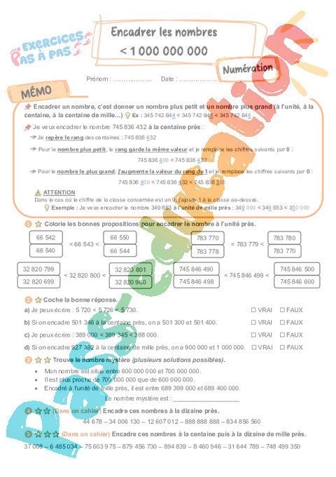 Leçon, exercice et évaluation :<br/> Encadrer les nombres inférieur à 1 000 000 000 : CM2