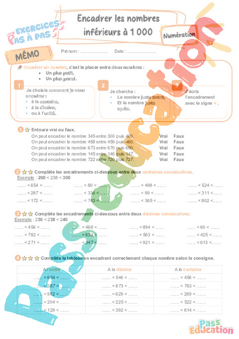 Leçon, exercice et évaluation :<br/> Encadrer les nombres inférieurs à 1 000 : CE2