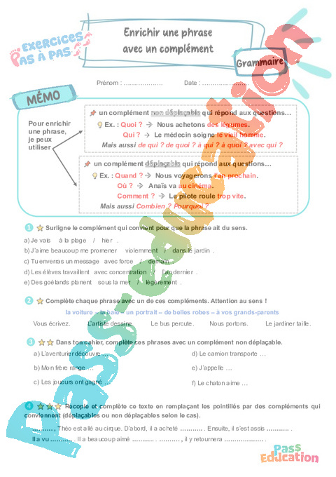 Leçon, exercice et évaluation :<br/> Enrichir une phrase avec un complément : CE2