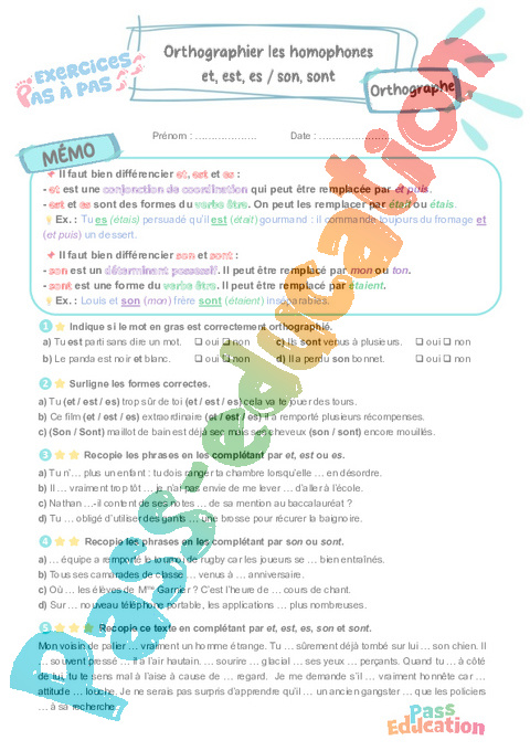 Leçon, exercice et évaluation :<br/> et, est, es / son, sont : Orthographier les homophones : CM2