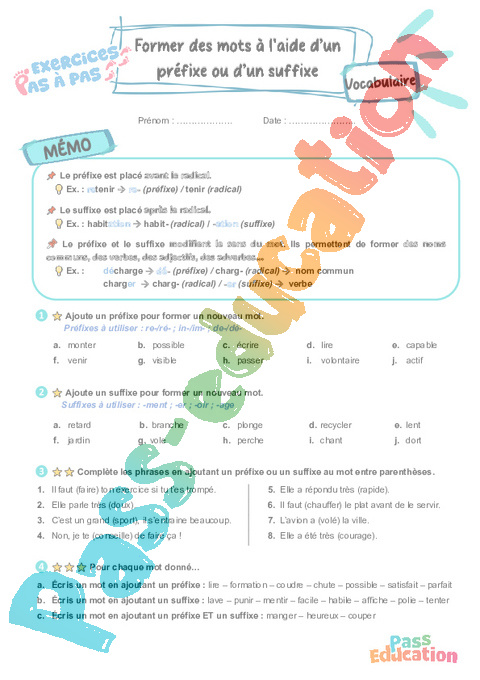 Leçon, exercice et évaluation :<br/> Former des mots à l’aide d’un préfixe ou d’un suffixe : CE2