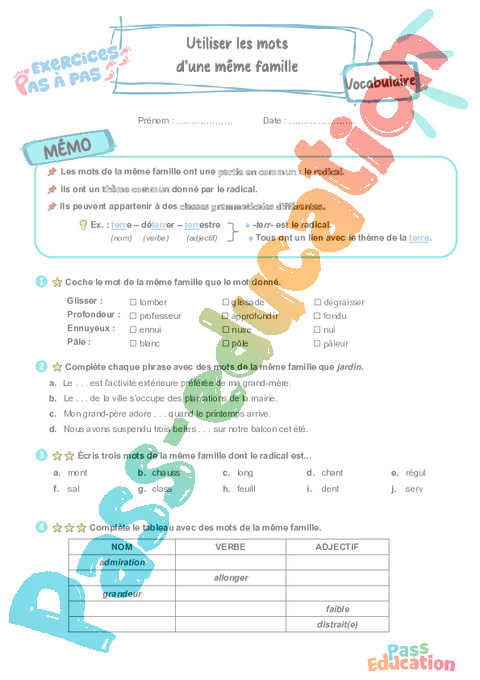 Leçon, exercice et évaluation :<br/> Former une famille de mots : CE2