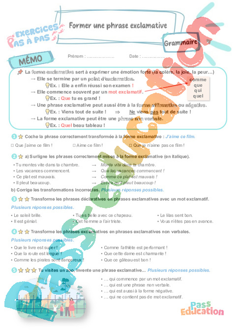 Leçon, exercice et évaluation :<br/> Former une phrase exclamative : CM1
