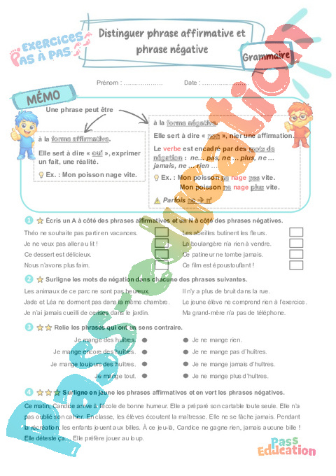 Leçon, exercice et évaluation :<br/> Formes de phrases : CE2