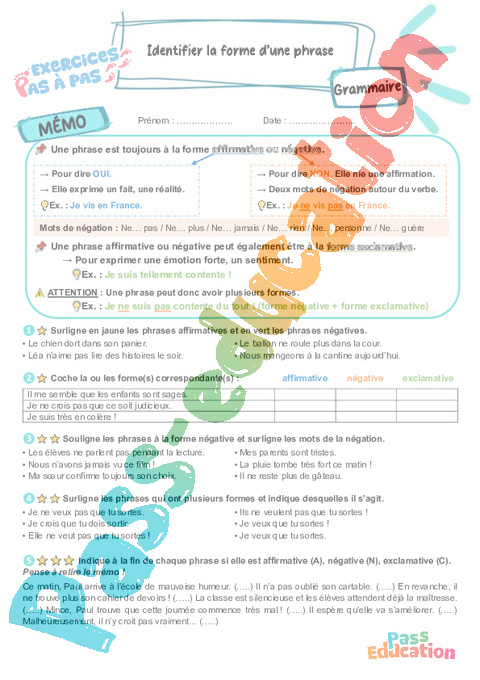 Leçon, exercice et évaluation :<br/> Formes de phrases : CM2