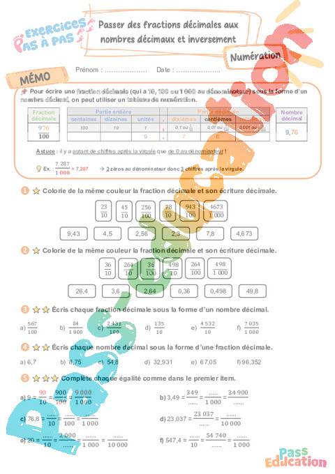 Leçon, exercice et évaluation :<br/> Fractions décimales : CM2