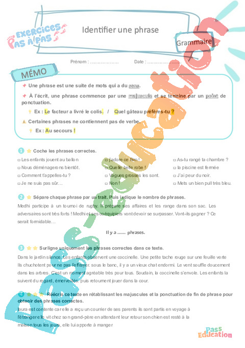 Leçon, exercice et évaluation :<br/> Grammaire - Étude de la langue : CE2