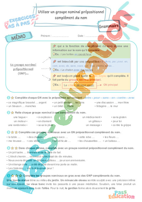 Leçon, exercice et évaluation :<br/> Groupe nominal complément du nom : CM2