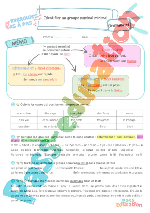 Leçon, exercice et évaluation :<br/> Groupe nominal : CE2