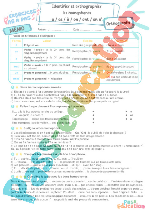 Cours et exercice : Homophones grammaticaux : 6ème